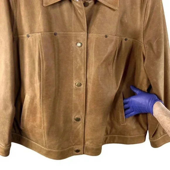 Talbots NEW Womens Plus Size 3XL Tan Leather Lined Bomber Jacket Factory Patena - Picture 6 of 15